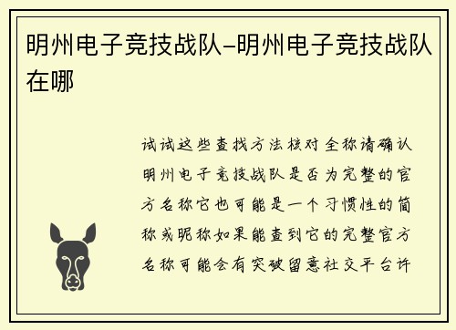 明州电子竞技战队-明州电子竞技战队在哪