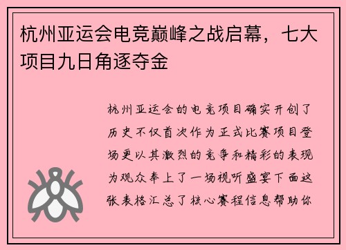 杭州亚运会电竞巅峰之战启幕，七大项目九日角逐夺金